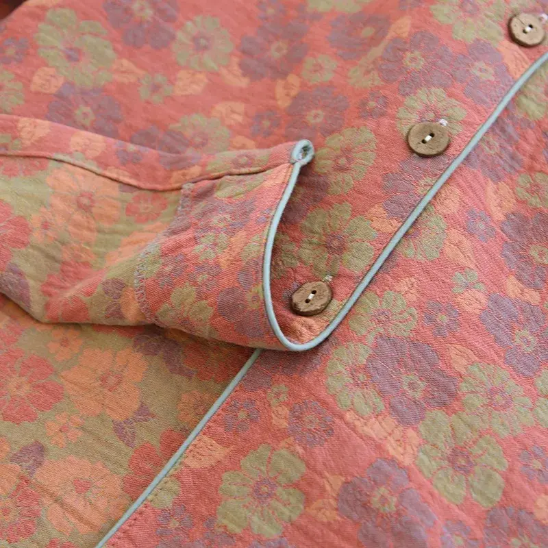 Conjunto de pijama de dos piezas para mujer, cárdigan de manga larga con estampado de hojas teñidas de hilo de algodón, estilo Retro, novedad