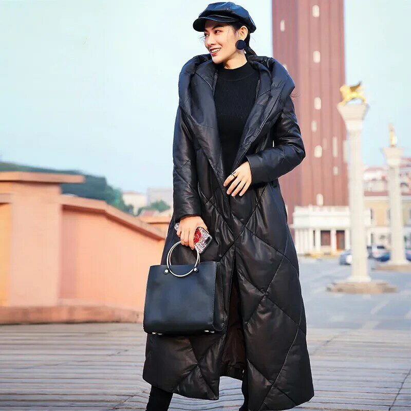 Tcyeek piumino lungo con cappuccio donna elegante cappotto in pelle di pecora 100% per abbigliamento donna inverno caldo giacche in vera pelle дубленка