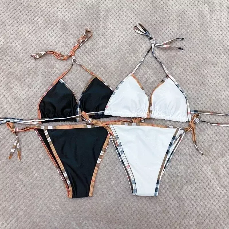 Conjunto de Bikini a cuadros para mujer, traje de baño Sexy de dos piezas para playa, novedad de 2024