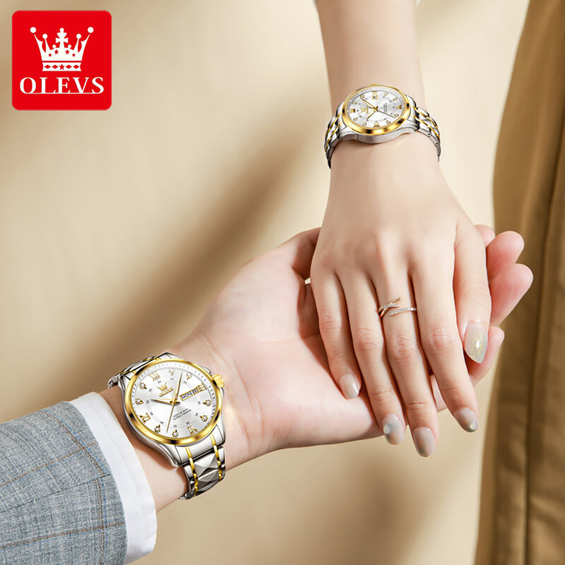 OLEVS jam tangan pasangan, arloji 2906 asli Quartz skala Roman Dial berlian untuk pria wanita tali Rhombus tahan air