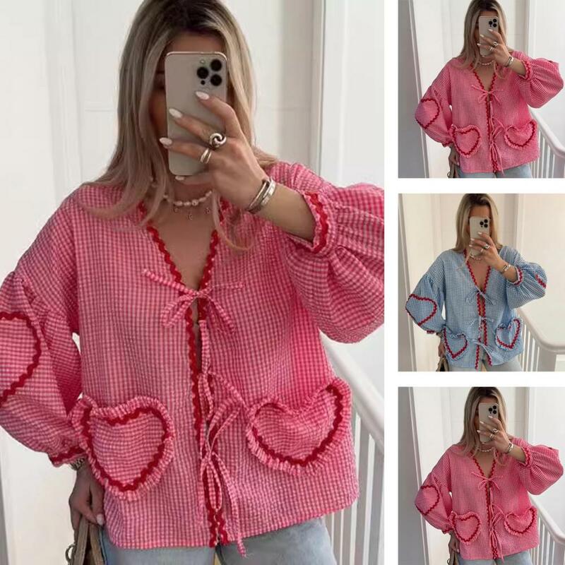 Love Pockets Ruffled Top Plaid Print V-neck Lantern Sleeve Women's Casual Shirt with Front Tie Heart Decor Loose Fit Streetwear