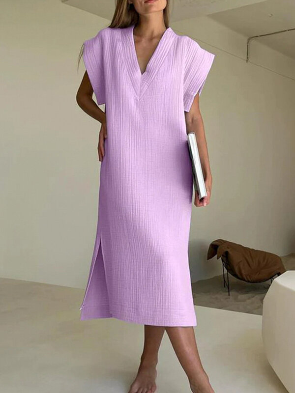 MuGen Plus Size Dress Solid Color Casual Short Sleeves Purple Dress 2024 New V-Neck Women's Clothing Loose Stripe Loose Dresses
