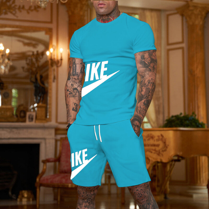 Penjualan terlaris kaus + celana pendek 2 potong untuk pria kasual kebugaran jogging pakaian olahraga, set lengan pendek bersirkulasi hip-hop musim panas