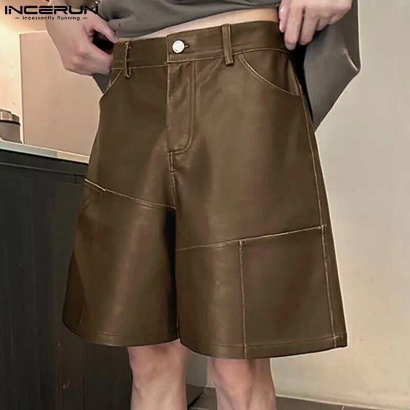 INCERUN-Shorts de perna reta de couro falso masculino, streetwear casual, monocromático, estilo coreano, novo, S-5XL, 2022