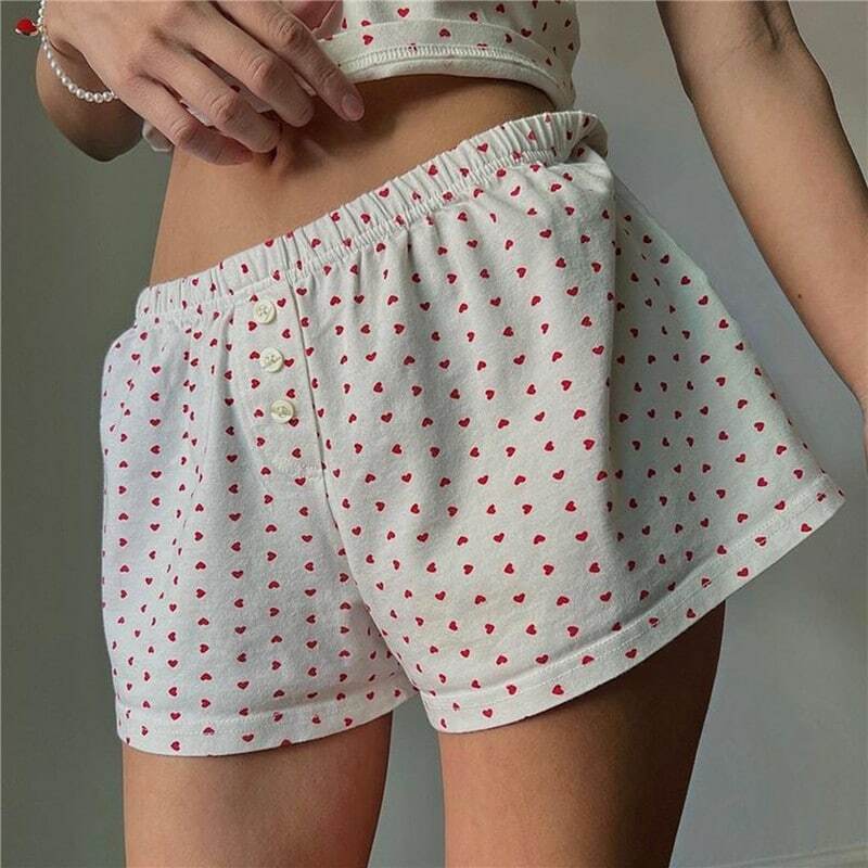 Pijama floral listrado com estampa feminina Shorts, elástico na cintura, calça reta curta, doce shorts kawaii, Fairycore grunge, Y2K