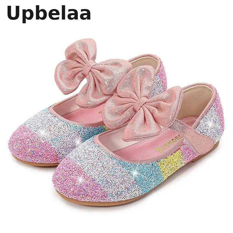 Детская обувь, уличная Осенняя обувь принцессы для маленьких девочек, блестящая кожаная обувь с радужным бантом и блестками, свадебная Праздничная обувь для детей