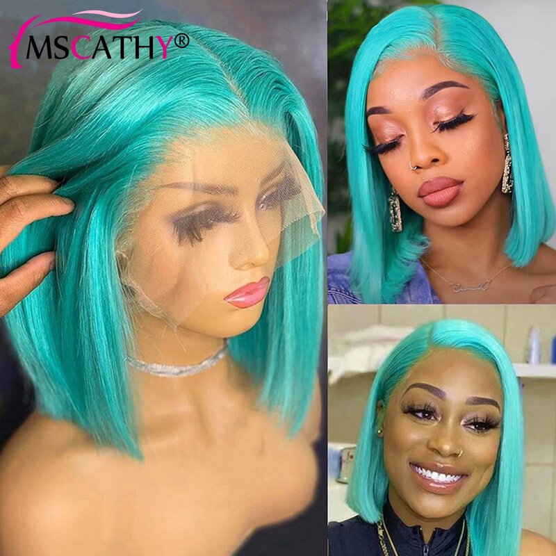 13x4 Transparent HD Lace Frontal Wigs for Black Women Pre Plucked Bob Mint Green Human Hair Wig Brazilian Virgin Human Hair Wigs