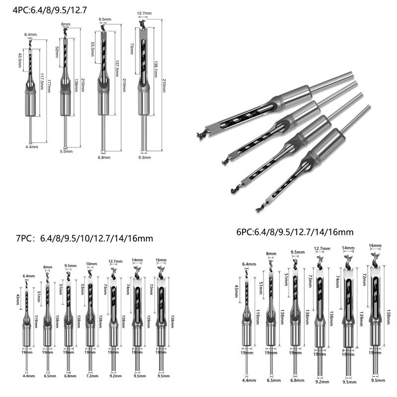 4/6/7Pcs HSS Twist Drill Bits Set Square Extended Saw Auger Mortising Chisel Drill Set For Wood Square Hole Saw 6.4-16mm