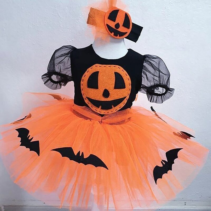 Gaun Halloween anak perempuan, baju anak perempuan lengan pendek, pakaian Halloween anak-anak, baju kelelawar labu, motif Multi lapisan, baju berbulu, baju cosplay anak-anak