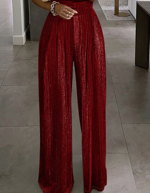 Elegant Style of Women's Clothing Beaded Strap Metallic Wide Leg Jumpsuit 2024 Early Spring Cowl Neck Long Sleeve Daily Clothing