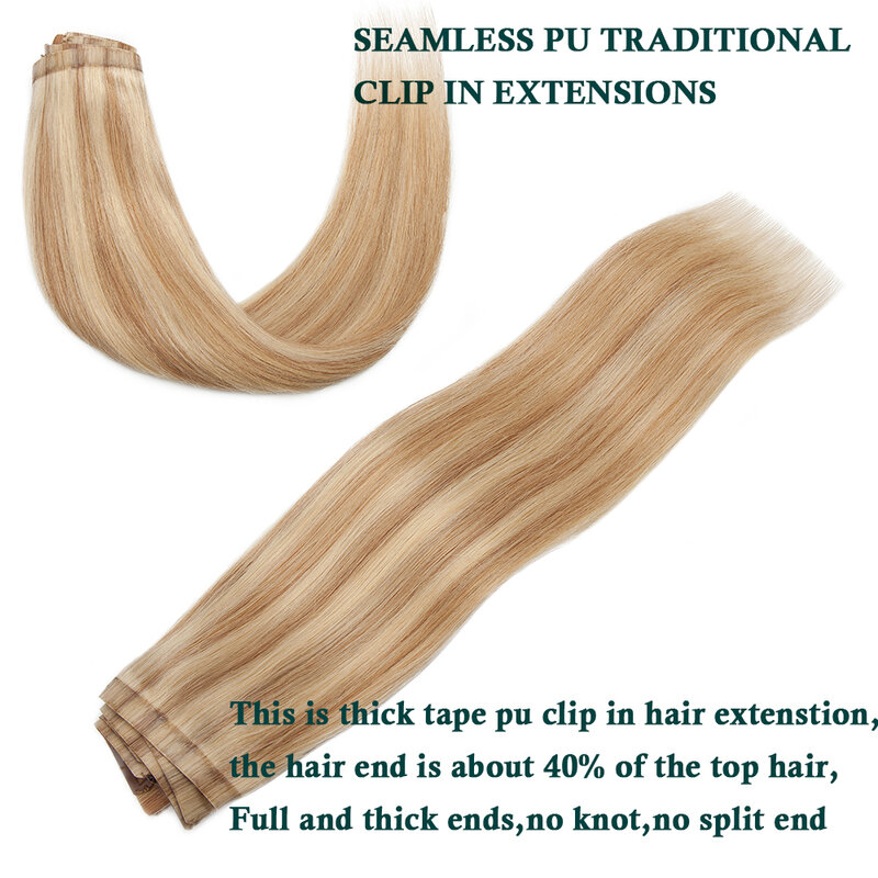 Escolhas ricas-Seamless Pu Clip em extensões de cabelo, Remy cabelo humano, cabelo cheio da cabeça, 7pcs, 115g
