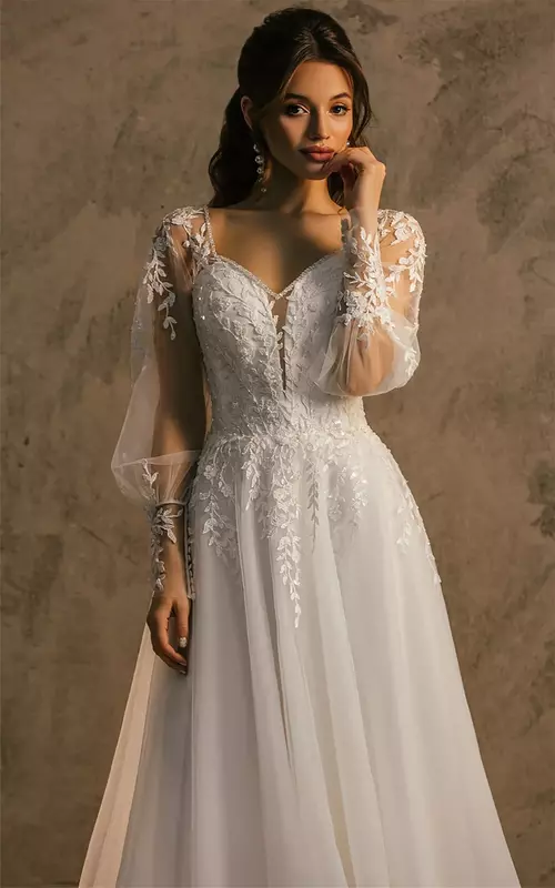 Простое женское свадебное платье трапециевидной формы с длинными рукавами и V-образным вырезом