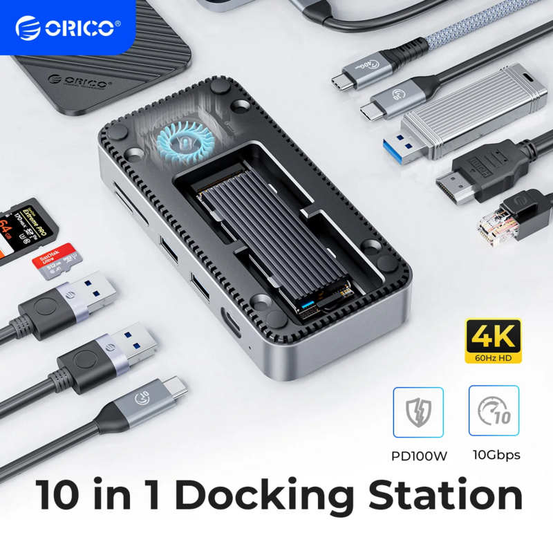 ORICO-USB C HUB com ventilador de refrigeração, gabinete externo, Docking Station, Docking Station, 10GBps, 4K, 60Hz, HDMI-Com, M.2 NVMe SATA SSD, RJ45