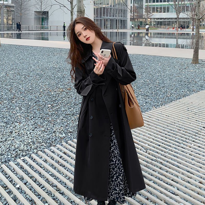 Streetwear Loose Trench Coat Midi Length Fashion Korean Elegant Khaki Black Women's Windbreaker Coat Casual Double Breasted Tops