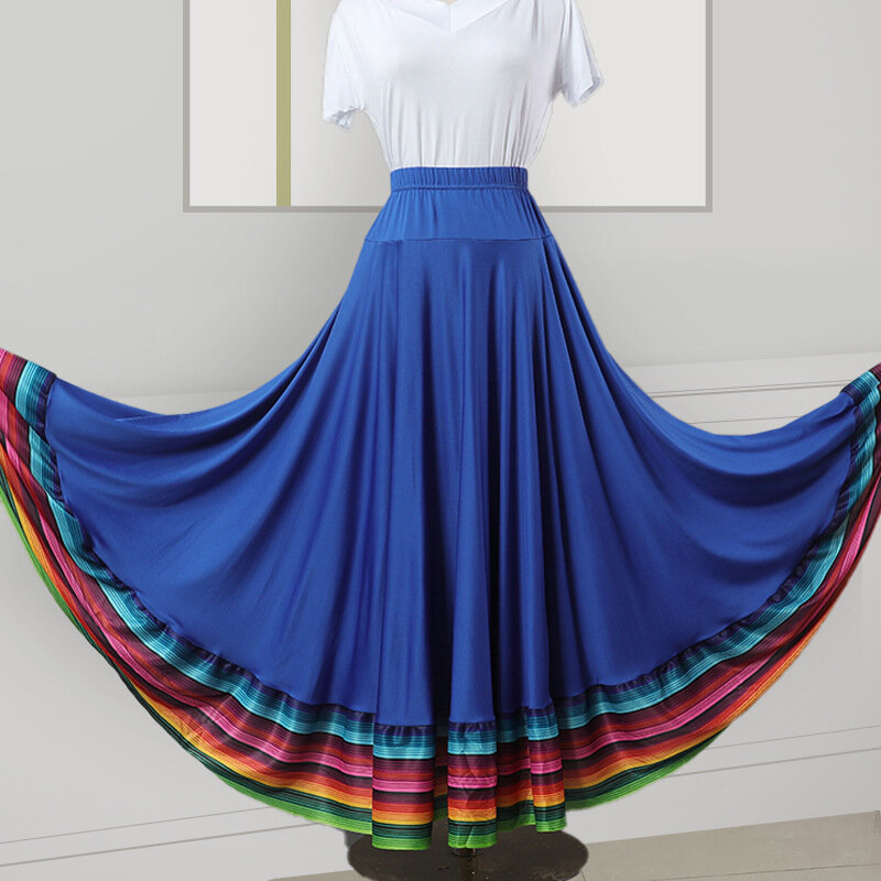 Media falda de baile de estilo étnico, falda elástica de arcoíris, columpio grande, baile moderno, baile de salón cuadrado, ropa de actuación de escenario