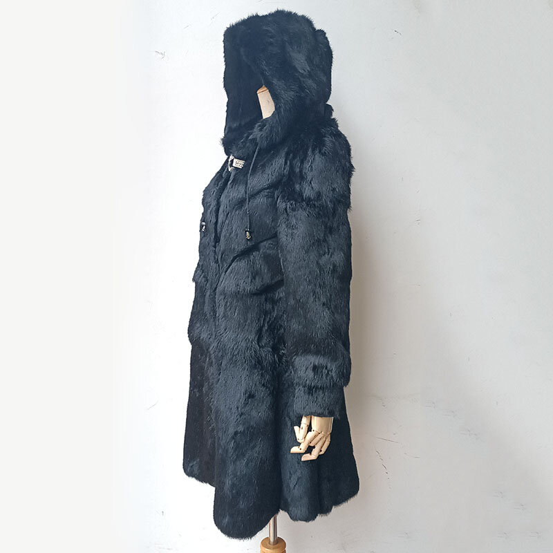 Abrigo largo de piel de conejo auténtica para mujer, chaqueta con capucha de manga larga, prendas de vestir cálidas para invierno, 2024