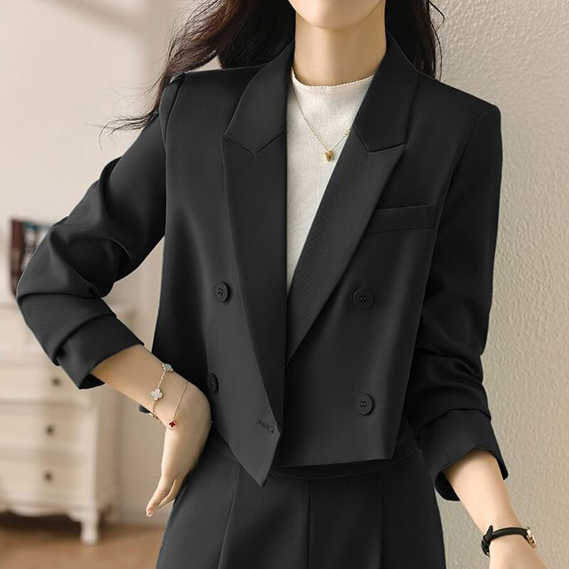 Lucyever-Blazers courts noirs pour femmes, mode coréenne, double boutonnage, manteau de bureau imbibé, manches longues, vintage