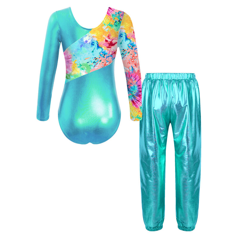 Girls Kids Metallic Dance Bodysuit Gymnastics Dancewear Long Sleeve Print Leotard with High Waist Pants Sport Outfits Sportswear
