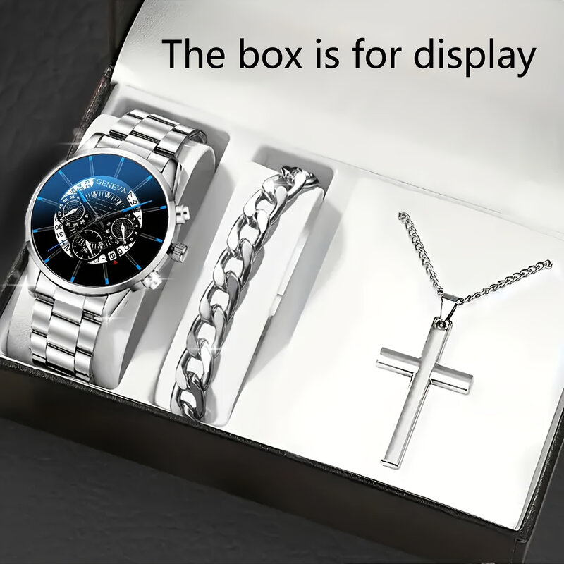 3pcs Fashion Business Watch Stainless Steel Calendar Quartz Watch & Bracelet & Wings Pendant Necklace