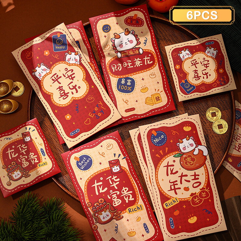 6 pcs chinesisches Neujahr Jahr des Drachen Cartoon niedlichen Drachen muster Glücks geld Tasche chinesische Neujahr Segen Tasche rote Tasche