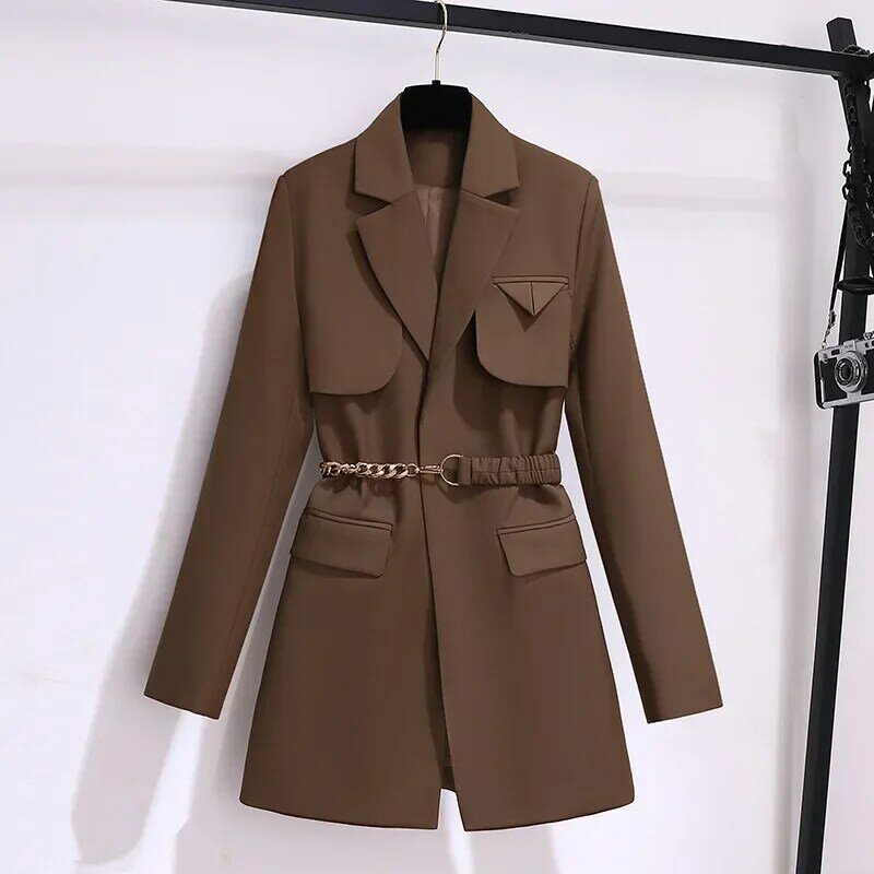 Пиджак женский с поясом, Модный хлопковый Блейзер коричневого цвета, деловая одежда для работы и офиса, пальто для девушек, осенний наряд, 1 шт.