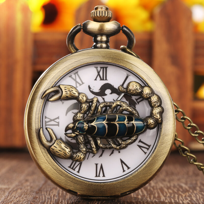 Vintage Cool Scorpion Half Hunter Pocket Watch Quartz Roman Numerals Dial Steampunk Men Women Necklace Pendant Clock Gifts