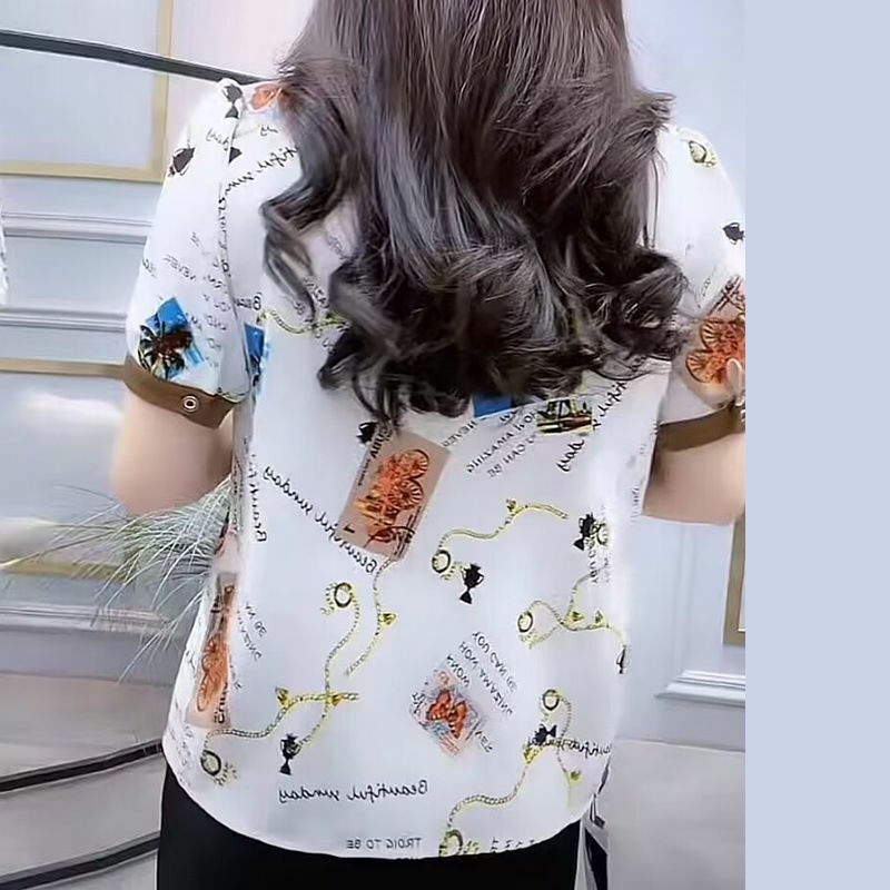 2024 Summer New Korean Version Polo-Neck Button Printed Spliced Short Sleeve Casual Versatile Fashion Commuter Shirt Tops