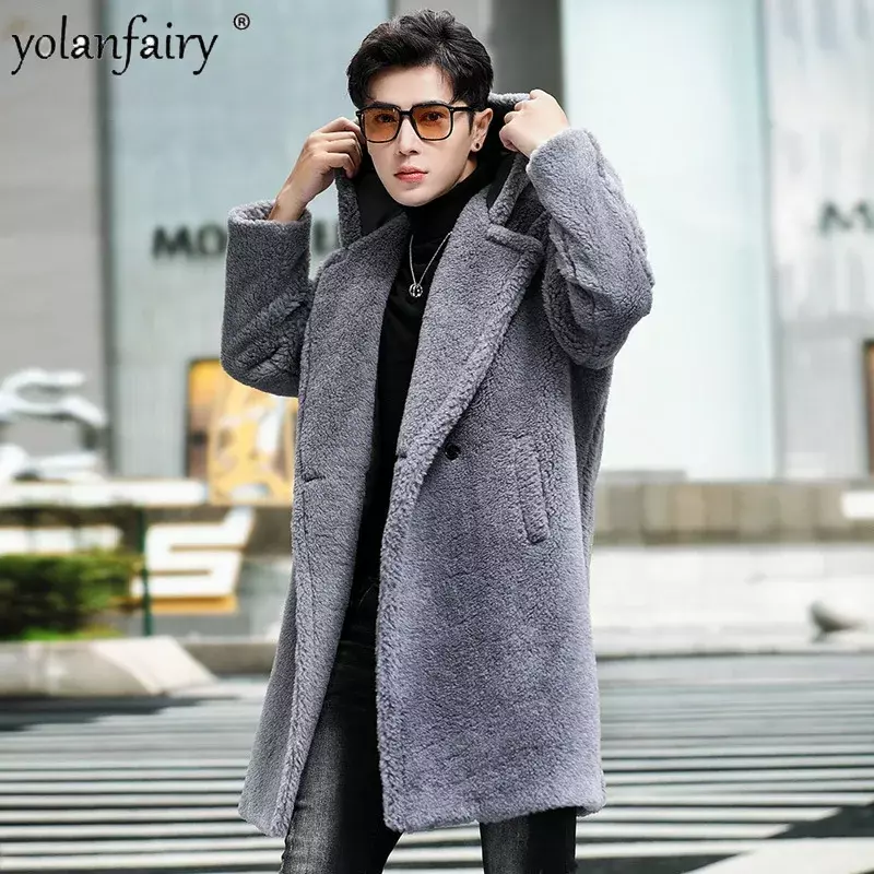 Jaqueta de lã média longa masculina, casaco solto com capuz, roupas de pele real, casacos de inverno masculinos, moda outono, nova
