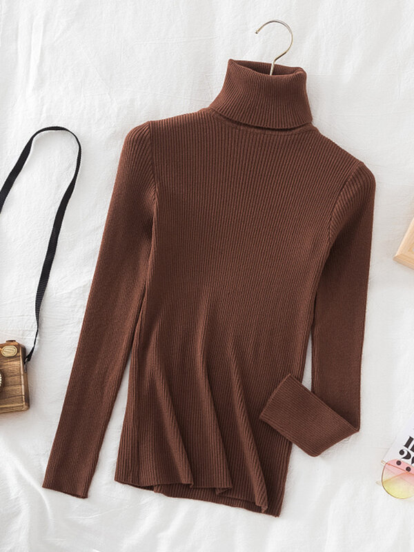 Korean Fashion Turtleneck Women Autumn Winter Pullover Sweater Basic Solid Casual Slim Stretch Ribbed Knitted Top Woman Sweaters
