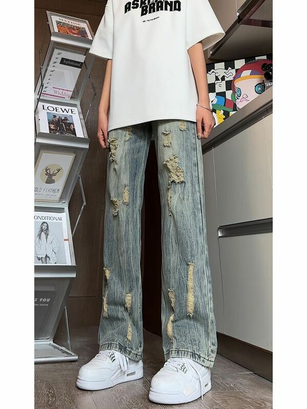 Stile americano high street summer hip-hop uomo e donna jeans strappati a gamba dritta pantaloni casual larghi alla moda a gamba larga y2k
