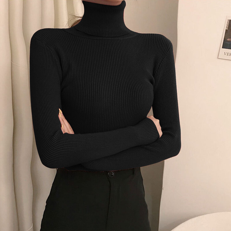2023 nowy damski sweter z golfem jesienny z długim rękawem Slim elastyczny koreański prosty prosty sweter Top w jednolitym kolorze
