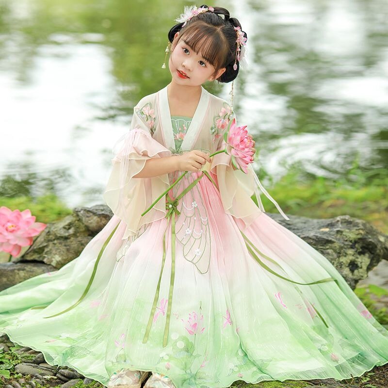 Hanfu Set kostum Cosplay anak-anak, Hanfu tradisional Cina musim panas dan semi 2024, lengan besar peri Hanfu