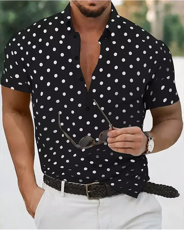 Camisa masculina de lapela de manga curta, camisa de praia de verão, preto e branco, roupa confortável casual, moda natalícia, moda