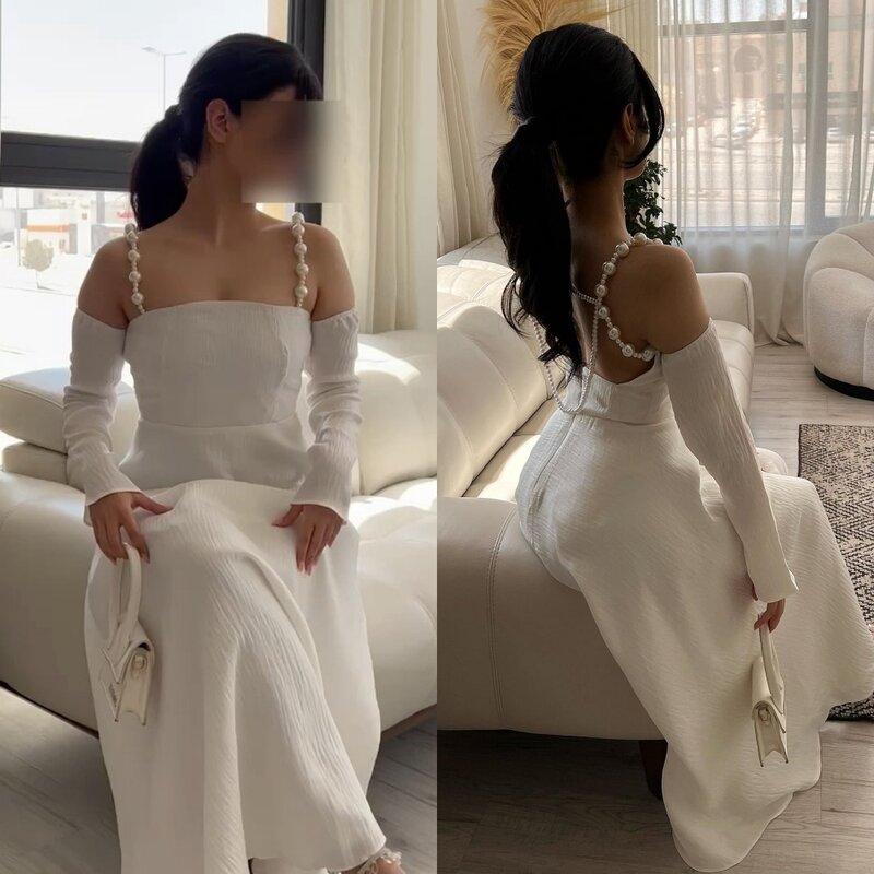 Satin Prom Dress com pérola drapeada Clubbing, A-Line Spaghetti Strap, Vestido de manga comprida, Arábia Saudita, Ocasião Bespoke