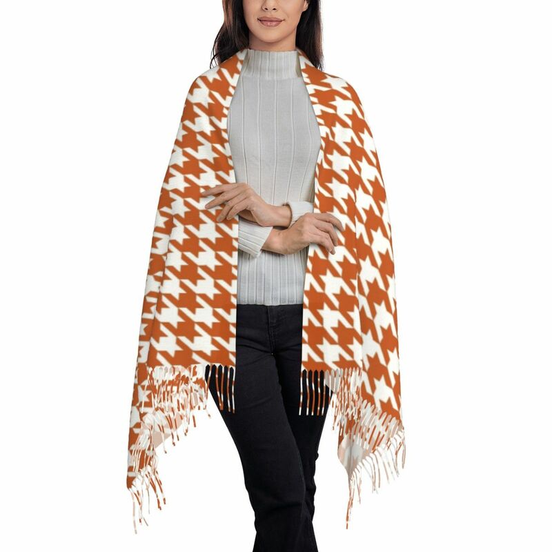 Oranje Houndstooth Sjaal Voor Vrouwen Stijlvolle Winter Fall Wrap Shawl Geometrische Puppy Tand Kwastje Wraps