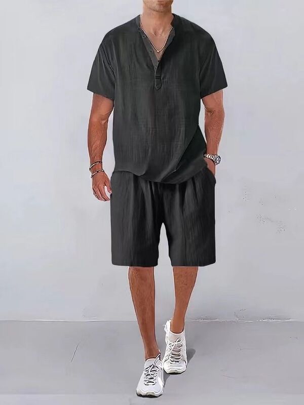 Setelan longgar warna Solid pria, kaus kasual celana pendek musim panas 2024
