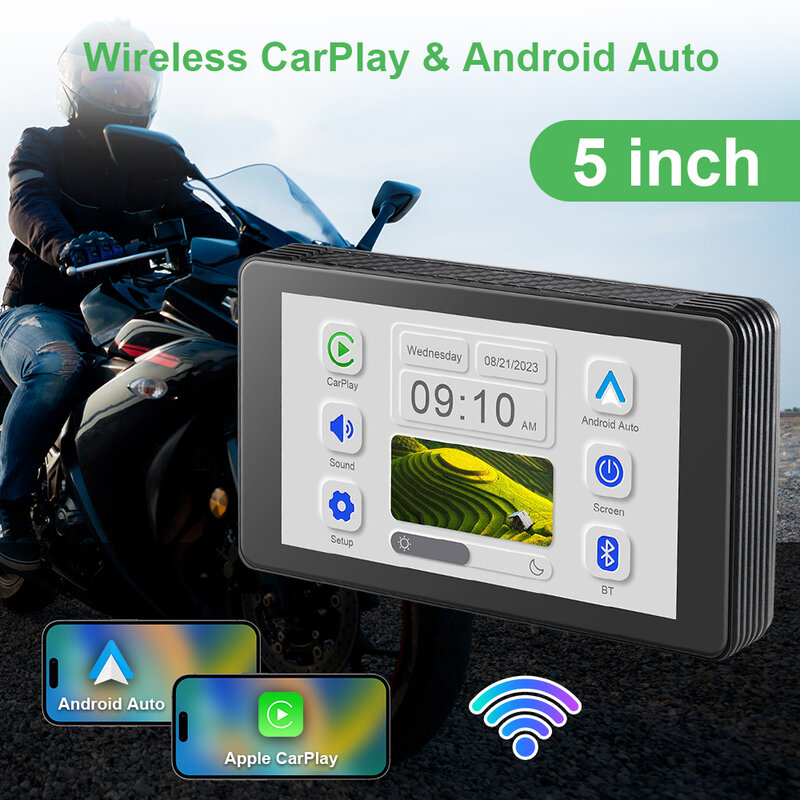Navigatore per moto portatile da 5 pollici Wireless CarPlay Android Auto con schermo Bluetooth Ipx7 impermeabile HD IPS