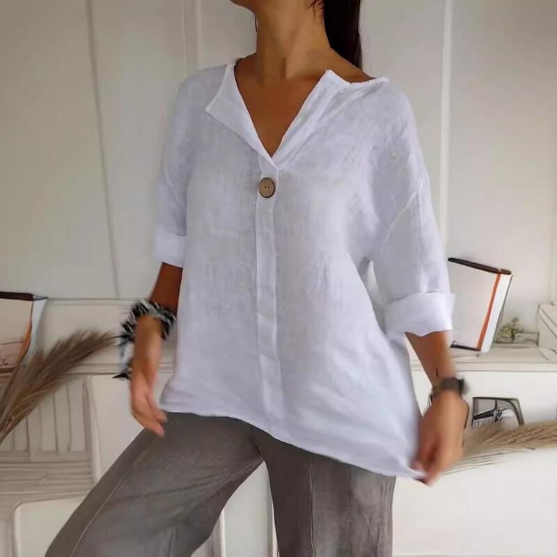 Breathable Top Stylish Women's V-neck Button Decor Tee Shirt Casual 3/4 Sleeve Solid Color Top Loose Fit Pullover for Summer
