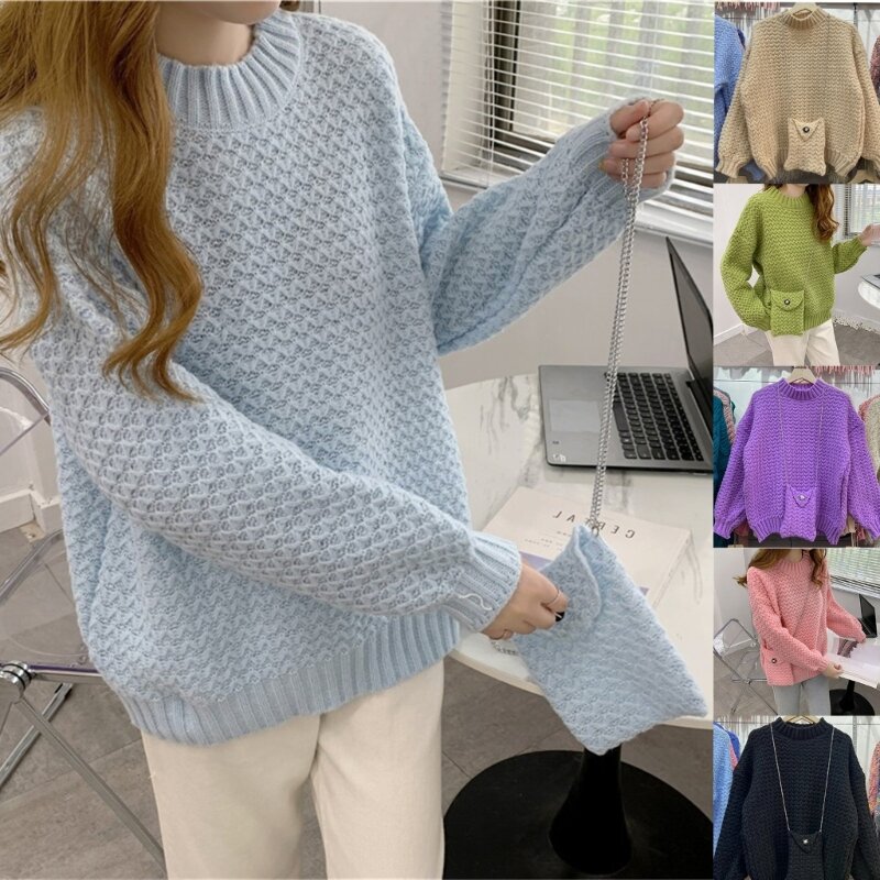 Women Fall Long Sleeve Neck Knit Sweater Solid Color Loose Fit Pullover Top Dropship
