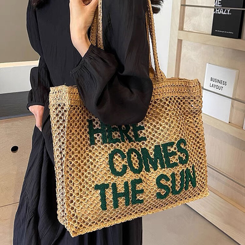 Повседневная вместительная Соломенная Сумка-тоут, летняя плетеная женская сумка на плечо с надписью, пляжные большие кошельки ручной работы