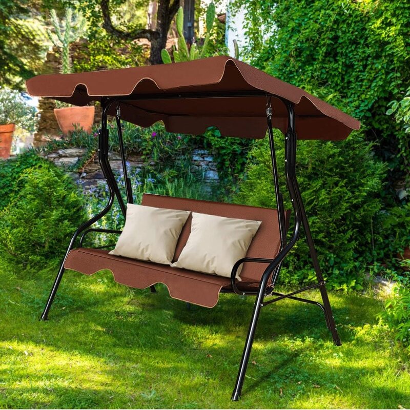 3 Person Porch Swing, Patio Swing with Removable Cushion & Powder-Coated Steel Frame, Outdoor Swing with Patio Swings