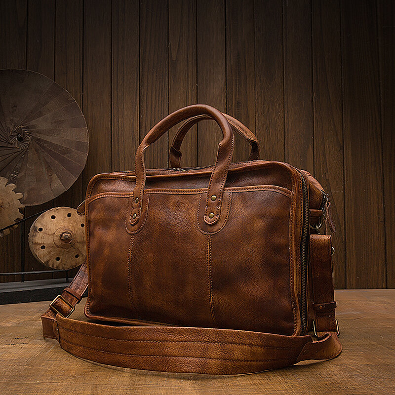 Tas kantor Kulit Asli Vintage buatan tangan tas bisnis tas jinjing bepergian luar ruangan kapasitas besar tas bahu Laptop kulit sapi