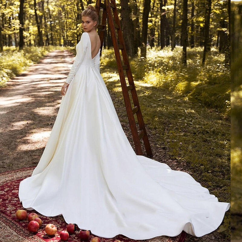 Klassische Satun Hochzeit Kleider EINE linie Langarm Brautkleider Elegant Für Frauen Brautkleid Nach Maß Robe De Mariee 2023