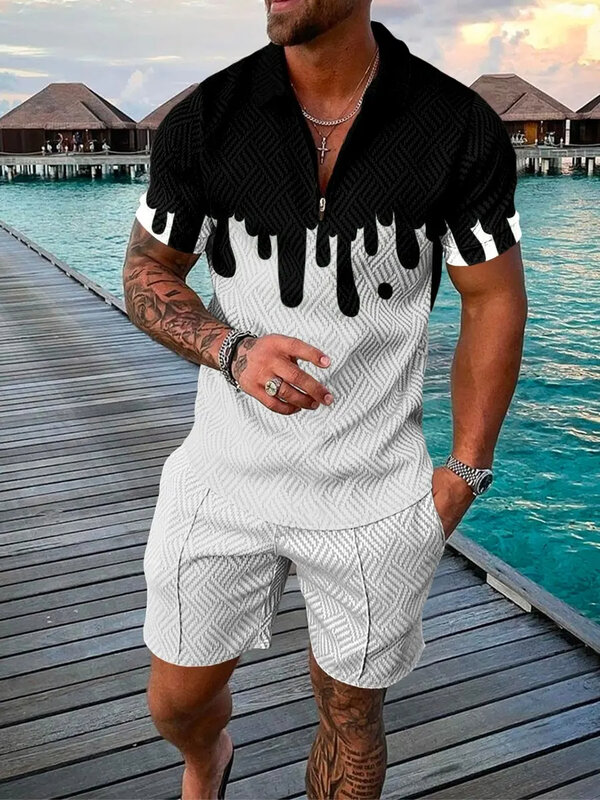 남성용 세트 트렌드 3D 인쇄 지퍼 폴로 셔츠 및 반바지 투피스 세트, 소프트 패션 캐주얼 의류 운동복 세트, 여름 신상