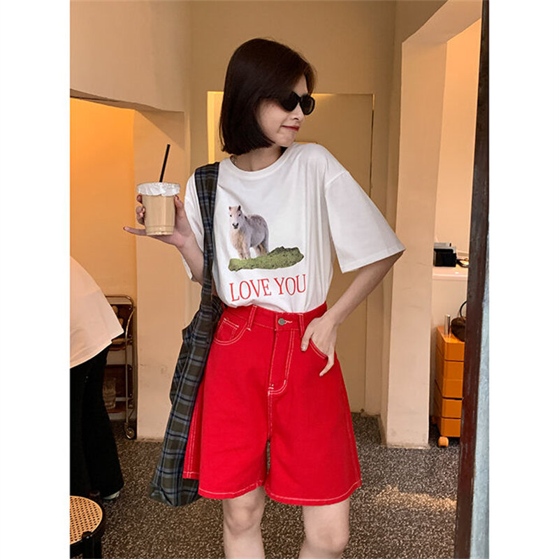 Women's Red Denim Shorts Summer New Vintage Street Style Young Girl High Waisted Half Pants Female Casual A-Line Straight Shorts