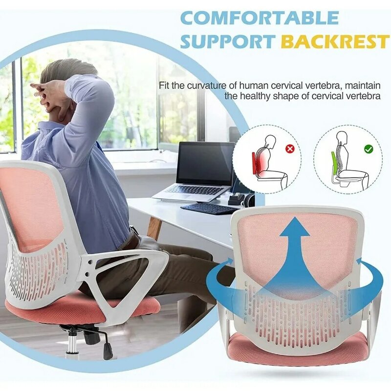 JHK Ergonomic Office Home Desk Mesh Fixed Armrest, Executive Computer Chair with Soft Foam Seat Cushion and Lumbar Support, Pink