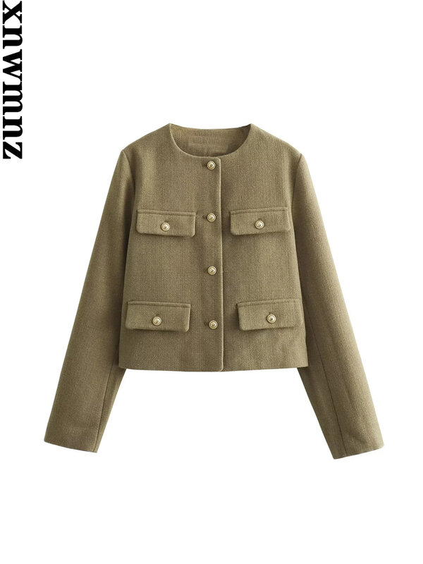 XNWMNZ-Jaqueta feminina de bolso com aba longa, blazer vintage com gola O, moda feminina versátil, outono e inverno, 2023