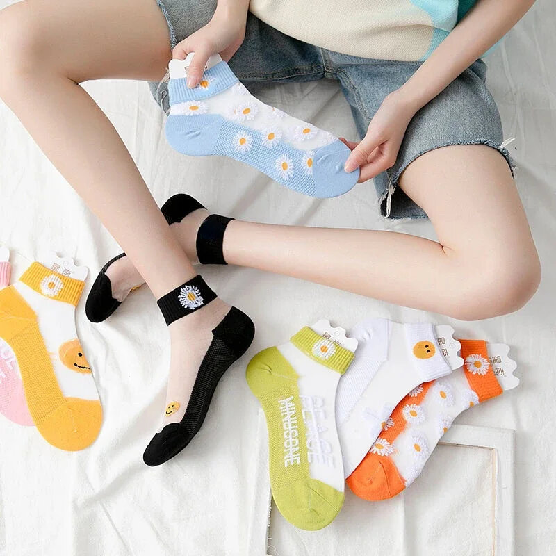 1/5 Pairs Summer Woman Silk Socks Ankle Lace Ultra-thin Girl’s Transparent Glass Fiber Fashion Daisy Flower Harajuku Cute Style