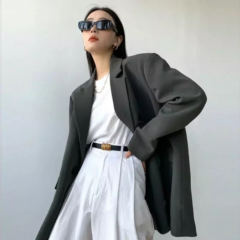 Chaqueta larga de color negro para mujer, abrigo holgado sobre liso, color gris, nueva colección, 2023