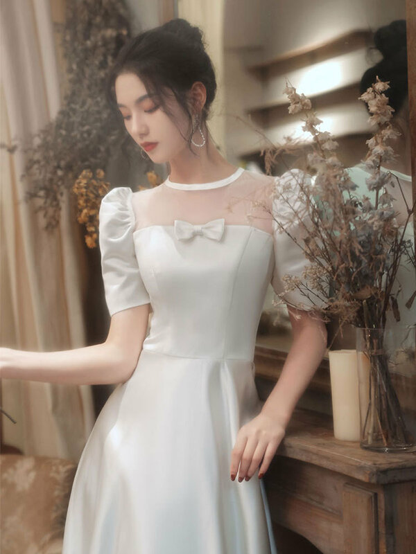 Vestido de noiva simples e leve de manga média feminino, saia branca retrô nupcial, novo estilo, venda quente, 2024